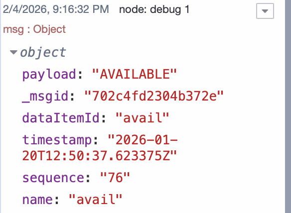 MTConnect Data Item node output on debug panel MTConnect Data Item node output on debug panel